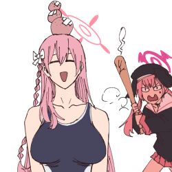 Rule 34 | &lt;|&gt; &lt;|&gt;, 2girls, ahoge, angry, bandaid, bandaid on head, baseball bat, beret, black headwear, black wings, blue archive, blush, bow, breasts, closed eyes, crack, crossed bandaids, feathered wings, hair bow, halo, hanako (blue archive), hat, head bump, head wings, holding, holding baseball bat, koharu (blue archive), large breasts, lawzanid, long hair, long sleeves, multiple girls, neckerchief, open mouth, pink eyes, pink hair, pink halo, pink neckerchief, red halo, sailor collar, shirt, simple background, skirt, smile, sweatdrop, swimsuit, trinity general school swimsuit, twintails, white background, white sailor collar, winged hat, wings
