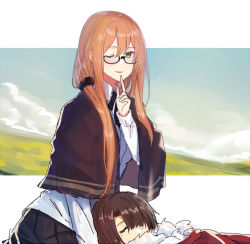Rule 34 | 1boy, 1girl, :d, bespectacled, blush, brown hair, capelet, collared shirt, commander (girls&#039; frontline), dress shirt, echj, eyebrows, finger to mouth, girls&#039; frontline, glasses, green eyes, hair between eyes, hair ornament, hair scrunchie, lap pillow, long hair, long sleeves, looking at viewer, neck ribbon, one eye closed, open mouth, pleated skirt, ribbon, scenery, scrunchie, shawl, shirt, shushing, sketch, skirt, sleeping, smile, solo focus, springfield (girls&#039; frontline), upper body, wing collar