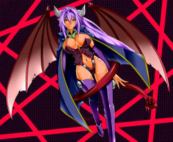 Rule 34 | 1girl, alma elma, breast tattoo, breasts, cape, demon girl, demon wings, female focus, highres, horns, large breasts, long hair, looking at viewer, mon-musu quest!, pointy ears, purple hair, red eyes, shiny skin, smile, tail, tattoo, thong, very long hair, wings