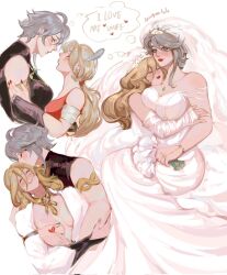 2girls :3 alhaitham_(genshin_impact) armband artist_name bare_shoulders black_shirt blonde_hair bouquet breasts bridal_veil chest_jewel cleavage closed_eyes commentary dress earrings female_focus flower genderswap genderswap_(mtf) genshin_impact green_eyes green_nails grey_hair hair_between_eyes hand_on_another&#039;s_chest heart height_difference highres holding holding_bouquet hug jewelry kaveh_(genshin_impact) large_breasts long_hair multiple_girls off-shoulder_dress off_shoulder open_clothes open_shirt puckered_lips red_lips red_nails red_tank_top ring shirt sleeveless sleeveless_shirt tank_top veil wedding_dress wedding_ring white_arm_warmers white_nails white_shirt wife_and_wife yuri zaragreenbite