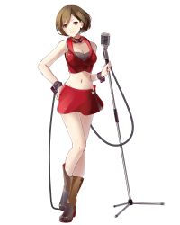 Rule 34 | 1girl, absurdres, boots, bra, breasts, brown eyes, brown footwear, brown hair, choker, cleavage, collarbone, full body, grey bra, groin, hair between eyes, hand on own hip, highres, holding, holding microphone, looking at viewer, medium breasts, meiko (vocaloid), microphone, midriff, miniskirt, navel, red skirt, short hair, skirt, sleeveless, smile, solo, standing, stomach, striped bra, striped clothes, transparent background, underwear, vocaloid, yen-mi