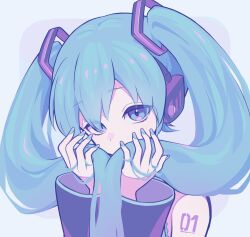 Rule 34 | 1girl, aqua eyes, aqua hair, aqua necktie, bare shoulders, black sleeves, blush, blush stickers, detached sleeves, grey shirt, hair between eyes, hatsune miku, long hair, long sleeves, looking at viewer, looking to the side, masoogenki, miku day, necktie, shirt, sidelocks, simple background, solo, twintails, upper body, very long hair, vocaloid, wavy mouth, white background, wide sleeves