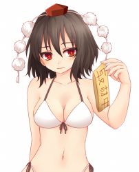 Rule 34 | 1girl, armlet, bare arms, bare shoulders, bikini, black hair, black ribbon, blush, breasts, cleavage, closed mouth, clothes writing, collarbone, front-tie bikini top, front-tie top, frown, hat, head tilt, holding, looking at viewer, miyo (ranthath), navel, pom pom (clothes), red eyes, ribbon, shameimaru aya, short hair, side-tie bikini bottom, solo, stomach, swimsuit, text focus, tokin hat, touhou, translation request, wavy mouth, white bikini