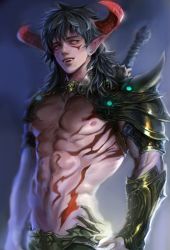 Rule 34 | 1boy, abs, absurdres, armor, bad id, bad pixiv id, black hair, blue background, blurry, blurry background, bracer, brown eyes, demon horns, facial tattoo, fangs, fantasy, highres, horns, long hair, male focus, mucuzi, nipples, open mouth, topless male, sword, tattoo, upper body, weapon