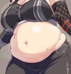 Rule 34 | 1girl, alternate body size, belly, breasts, close-up, commentary request, fat, grace howard, grey background, highres, kukuru, large breasts, navel, plump, simple background, solo, sweat, thick thighs, thighs, zenless zone zero, zipper, zipper pull tab