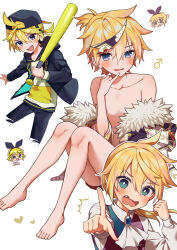 Rule 34 | 1boy, 1girl, absurdres, aruminsuko, barefoot, baseball bat, baseball cap, blonde hair, blue eyes, blush, fangs, finger to own chin, gigantic o.t.n (vocaloid), hat, heart, heart hands, highres, kagamine len, kagamine rin, legs, looking at viewer, male focus, multiple views, okochama sensou (vocaloid), partially undressed, pointing, rettou joutou (vocaloid), smile, toes, vocaloid, wavy mouth