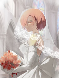 Rule 34 | 1girl, backless dress, backless outfit, blush, bouquet, bridal gauntlets, bridal veil, brown eyes, brown hair, church, commentary request, dress, elbow gloves, flower, from side, gloves, hair between eyes, highres, holding, holding bouquet, indoors, lace trim, looking at viewer, meiko (vocaloid), profile, red flower, short hair, smile, solo, torino sasami, upper body, veil, vocaloid, wedding, wedding dress, white dress, white gloves, white theme