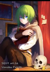 Rule 34 | 1boy, bad id, bad twitter id, blue eyes, blush, cape, erubo, green hair, hug, looking at viewer, open mouth, original, picture frame, skull
