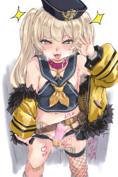 Rule 34 | 1boy, :d, areola slip, armpits, azur lane, bache (azur lane), bandaid, bandaid on knee, bandaid on leg, bare shoulders, black hat, blonde hair, blush, body writing, collar, condom, condom on penis, erection, fang, fishnet thighhighs, fishnets, fur trim, genderswap, genderswap (ftm), hat, heart, heart-shaped pupils, highres, jacket, looking at viewer, male focus, micro shorts, money, navel, off shoulder, open mouth, ozawa reido, penis, purple eyes, sailor collar, shorts, single thighhigh, smile, solo, sweat, symbol-shaped pupils, testicles, thighhighs, tongue, tongue out, trap, tucked money, twintails, white thighhighs