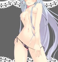 Rule 34 | 10s, 1girl, black panties, blue hair, breasts, hair ribbon, hand on own hip, head out of frame, highres, jewelry, jito (mesuki nitouhei), kantai collection, long hair, murakumo (kancolle), navel, nipples, panties, panty pull, parted lips, ribbon, ring, solo, topless, underwear, very long hair, wedding band, wedding ring