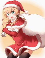 Rule 34 | 10s, 1girl, :d, bell, black thighhighs, blonde hair, blush, capelet, christmas tree hair ornament, cowboy shot, dress, elbow gloves, fur-trimmed dress, fur-trimmed gloves, fur trim, gift bag, gloves, green eyes, hair ornament, hat, highres, kantai collection, kapatarou, open mouth, prinz eugen (kancolle), santa costume, santa hat, smile, solo, thighhighs, twintails