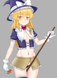 Rule 34 | 1girl, absurdres, big mouse, black panties, blonde hair, blush, bow, bowtie, braid, breasts, broom, cameltoe, closed mouth, freckles, gloves, grey background, groin, hat, highres, kirisame marisa, long hair, looking at viewer, midriff, mushroom, navel, no bra, panties, pussy juice, red bow, red bowtie, revealing clothes, simple background, skirt, small breasts, solo, standing, thong, touhou, underwear, white gloves, witch, witch hat, yellow eyes