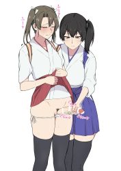 Rule 34 | 2girls, absurdres, afterimage, bar censor, black hair, black legwear, blush, brown hair, censored, closed eyes, closed mouth, clothes lift, female pubic hair, futa with female, futanari, hakama, hakama lift, hakama short skirt, hakama skirt, handjob, highres, japanese clothes, kaga (kancolle), kantai collection, lifted by self, motion blur, multiple girls, panties, panty pull, penis, pubic hair, side ponytail, simple background, skirt, takaman (gaffe), thighhighs, twintails, underwear, white background, white panties, zuikaku (kancolle)