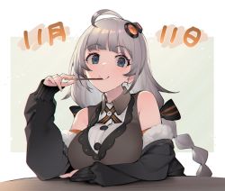 Rule 34 | 1girl, ahoge, bare shoulders, black bow, black jacket, blue eyes, blunt bangs, bow, braid, breasts, brown shirt, closed mouth, collared shirt, commentary request, dated, food, food in mouth, food on hand, grey hair, hair bow, hair ornament, hand on table, highres, holding, holding food, holding pocky, jacket, jacket partially removed, kizuna akari, large breasts, long hair, long sleeves, looking at viewer, multiple hair bows, pocky, pocky day, shirinda fureiru, shirt, simple background, sleeveless, sleeveless shirt, smile, solo, twin braids, upper body, voiceroid
