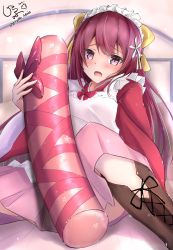 Rule 34 | 1girl, absurdres, apron, artist logo, bed, boots, bow, brown footwear, cross-laced footwear, dated, flower, gift, giraffe (ilconte), hair bow, hair flower, hair ornament, hakama, hakama skirt, highres, japanese clothes, kamikaze (kancolle), kantai collection, kimono, lace-up boots, long hair, looking at viewer, lying, maid, maid headdress, meiji schoolgirl uniform, pink hakama, purple eyes, purple hair, red kimono, sexually suggestive, skirt, solo, spread legs, tube, twitter username, wa maid, white apron, yellow bow
