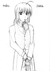 Rule 34 | 00s, 1girl, artoria pendragon (all), artoria pendragon (fate), bad anatomy, fate/stay night, fate/zero, fate (series), formal, gloves, greyscale, monochrome, necktie, pant suit, pants, ponytail, poorly drawn, saber (fate), sketch, solo, suit