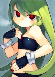 Rule 34 | 1girl, bachera, bare shoulders, bracelet, bright pupils, fingerless gloves, fingernails, flat chest, gloves, green hair, jewelry, long hair, looking at viewer, nail polish, original, red eyes, solo, strapless, tube top