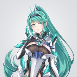 Rule 34 | 1girl, breasts, chest jewel, earrings, gloves, green eyes, green hair, grey background, hand on own chest, highres, jewelry, large breasts, long hair, looking at viewer, pneuma (xenoblade), ponytail, sarasadou dan, simple background, solo, spoilers, swept bangs, tiara, upper body, very long hair, xenoblade chronicles (series), xenoblade chronicles 2