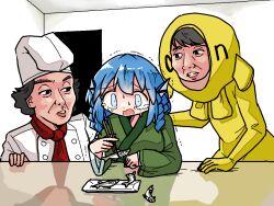 Rule 34 | 3girls, blank room soup, blue eyes, blue hair, character request, chef hat, chopsticks, commentary request, constricted pupils, cowboy shot, crying, crying with eyes open, drill hair, drill sidelocks, fins, fish, flower costume, green kimono, hat, head fins, holding, holding chopsticks, indoors, japanese clothes, kasuya baian, kimono, long sleeves, looking at another, medium hair, meme, monster girl, motion lines, multiple girls, necktie, open mouth, partial commentary, plate, red necktie, sidelocks, tears, teeth, touhou, trembling, upper body, wakasagihime, wide sleeves