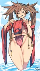 Rule 34 | 1girl, :d, bare hips, bare shoulders, blue sky, breasts, brown eyes, brown hair, china dress, chinese clothes, clothes lift, cloud, cloudy sky, day, dress, flower knot, grin, guilty gear, hair ornament, hairclip, half-closed eyes, highres, kuma (jk0073), kuradoberi jam, lifted by self, long sleeves, looking at viewer, open mouth, outdoors, panties, partially submerged, pelvic curtain, red dress, red panties, side-tie panties, skirt, skirt lift, sky, sleeveless, sleeveless dress, smile, solo, tassel, teeth, twintails, underboob, underwear, wading, wide sleeves