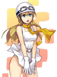 Rule 34 | 1girl, :o, belt, blonde hair, blue eyes, blunt bangs, buckle, clothes lift, covering crotch, covering privates, dress, dress lift, dress tug, gloves, goggles, goggles on head, helmet, long hair, oh! mouretsu, open mouth, parody, scarf, simple background, skirt, solo, thighs, white background, white dress, white gloves, white skirt, wind, wind lift, yuuji (and)