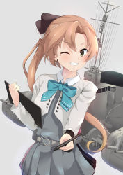Rule 34 | 1girl, akigumo (kancolle), akigumo kai ni (kancolle), black gloves, blazer, brown hair, commentary request, cowboy shot, drawing tablet, dress, gloves, green eyes, grey background, grey dress, grin, hair ribbon, highres, jacket, kantai collection, long hair, looking at viewer, machinery, mole, mole under eye, ochikata kage, partially fingerless gloves, ponytail, ribbon, school uniform, simple background, single glove, smile, solo, stylus