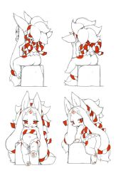 Rule 34 | 1girl, animal ears, ass, furry, furry female, highres, kishibe, leaning forward, long hair, looking back, monochrome, multiple views, naughty face, navel, nude, original, red eyes, rope, sitting, sketch, smile, spot color, standing, very long hair, white hair, wolf ears