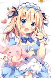 Rule 34 | 1girl, :d, apron, bed sheet, black bow, blonde hair, blue dress, blush, bow, breasts, cleavage, dakimakura (medium), dress, eat me, flower, frilled apron, frills, hair bow, heart, long hair, maid headdress, medium breasts, hugging object, open mouth, original, pan (mimi), pocket watch, puffy short sleeves, puffy sleeves, short sleeves, smile, solo, stuffed animal, stuffed rabbit, stuffed toy, two side up, upper body, watch, white apron, wrist cuffs, yellow flower