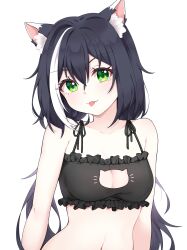 1girl :p absurdres animal_ear_fluff animal_ears black_bra black_hair bra breasts cat_cutout cat_ears cat_girl cat_lingerie clothing_cutout collarbone commentary dr_(slrkwhdma12) fang green_eyes hair_between_eyes highres karyl_(princess_connect!) long_hair looking_at_viewer low_twintails medium_breasts meme_attire multicolored_hair princess_connect! simple_background solo streaked_hair tongue tongue_out twintails underwear upper_body white_background white_hair