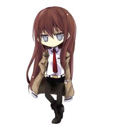 Rule 34 | 1girl, bad id, bad pixiv id, belt, boots, brown hair, chibi, full body, grey eyes, hand on own hip, hip focus, jacket, long hair, makise kurisu, maromi (am97), necktie, pantyhose, pantyhose under shorts, red necktie, shorts, simple background, solo, steins;gate
