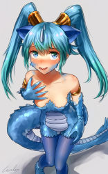 Rule 34 | 10s, 1girl, animal ears, aqua hair, blue eyes, blue hair, blue pantyhose, claws, collarbone, commentary request, dragon tail, extra ears, gradient hair, grey background, hair between eyes, hand on own chest, highres, horns, kemono friends, long hair, looking at viewer, monster girl, multicolored hair, pantyhose, parted lips, scales, seiryuu (kemono friends), signature, simple background, solo, tail, twintails, welt (kinsei koutenkyoku)