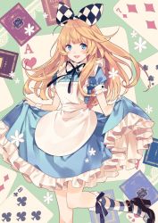 Rule 34 | 1girl, :d, alice (alice in wonderland), alice in wonderland, apron, black footwear, black ribbon, blonde hair, blue dress, blue eyes, blush, bow, card, clothes lift, dress, dress lift, hair bow, high heels, horiizumi inko, long hair, looking at viewer, neck ribbon, open mouth, playing card, puffy short sleeves, puffy sleeves, ribbon, short sleeves, smile, socks, solo, standing, standing on one leg, striped clothes, striped socks, white apron, wrist cuffs