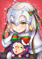 Rule 34 | 1girl, :i, ahoge, black gloves, bow, character doll, commentary, elbow gloves, fate/grand order, fate (series), fur trim, gilles de rais (caster) (fate), gloves, green ribbon, headpiece, jeanne d&#039;arc (fate), jeanne d&#039;arc alter santa lily (fate), kelinch1, pout, ribbon, short hair, solo, striped bow, striped ribbon, yellow eyes