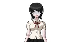 1girl black_hair black_skirt blue_eyes bow breasts crying crying_with_eyes_open danganronpa:_trigger_happy_havoc danganronpa_(series) drakidor female_focus freckles horrified ikusaba_mukuro looking_at_viewer medium_breasts neck_ribbon official_style open_mouth pleated_skirt red_bow red_ribbon ribbon shirt simple_background skirt solo solo_focus surprised tearing_up tears teeth third-party_edit tongue transparent_background upper_teeth_only white_shirt xxgoldmadnessxx