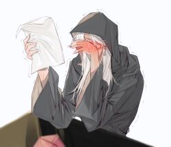 Rule 34 | blush visible through hands, cloak, earrings, embarrassed, emet-selch, final fantasy, final fantasy xiv, holding, holding letter, hood, hood up, hooded cloak, jewelry, letter, long hair, sitting, tladpwl03, trembling, white hair