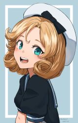 Rule 34 | 1girl, absurdres, blonde hair, blue eyes, blue sailor collar, dated, hat, highres, janus (kancolle), kantai collection, looking at viewer, open mouth, puffy short sleeves, puffy sleeves, sailor collar, sailor hat, short hair, short sleeves, smile, solo, twitter username, umibudou, upper body, white hat
