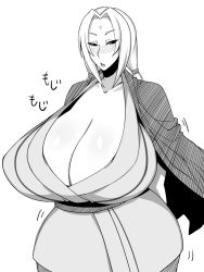 Rule 34 | 1girl, blush, breasts, cleavage, collarbone, facial mark, female focus, forehead mark, gigantic breasts, lips, low twintails, monochrome, naruto, naruto (series), otogi tetsurou, shiny skin, simple background, solo, tsunade (naruto), twintails, upper body, white background