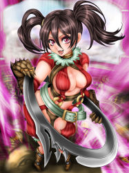 Rule 34 | 1041 (toshikazu), 1girl, armor, aura, belt, belt skirt, black hair, blade, boots, breasts, buckle, center opening, chakram, claws, cleavage, eiserne drossel (weapon), eyeshadow, fang, feathers, foreshortening, from above, full body, gauntlets, gloves, glowing, hair between eyes, happy, holding, holding weapon, huge weapon, jewelry, knee boots, large breasts, lipstick, makeup, midriff, mole, mole under eye, neck ring, no bra, o-ring, o-ring top, pink eyes, pinstripe pattern, ring, ring blade, short hair, short twintails, smile, solo, soul calibur, soulcalibur, soulcalibur iv, standing, striped, suspenders, tira (soulcalibur), twintails, weapon