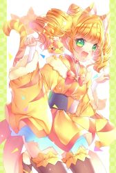 Rule 34 | 1girl, alternate costume, animal ears, blonde hair, bow, choker, commentary request, cone hair bun, cure sparkle, earrings, eyelashes, fingerless gloves, gloves, green eyes, hair bun, hair ornament, happy, healin&#039; good precure, highres, hiramitsu hinata, jewelry, looking at viewer, magical girl, nyatoran (precure), open mouth, precure, shoes, short hair, short twintails, smile, solo, tail, thighhighs, thighs, touki matsuri, twintails, white gloves, yellow neckwear