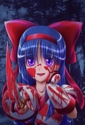 Rule 34 | 1girl, ainu clothes, blood, blue hair, breasts, fingerless gloves, gloves, hair ribbon, hand on own face, highres, long hair, looking at viewer, nakoruru, open mouth, pointing weapon, purple eyes, ribbon, small breasts, smile, snk, weapon, yandere trance