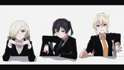Rule 34 | 3girls, absurdres, black border, black hair, black jacket, black necktie, black pants, black suit, blonde hair, border, closed mouth, collared shirt, commentary request, ear piercing, formal, gradient hair, green eyes, green hair, grey necktie, grey shirt, hair between eyes, hair over one eye, highres, jacket, knee up, koukoutou (seikoutoutei), long sleeves, looking at viewer, love live!, love live! nijigasaki high school idol club, medium hair, mia taylor, miyashita ai, multicolored hair, multiple girls, necktie, on chair, one eye covered, open clothes, open jacket, orange eyes, orange necktie, pants, piercing, ponytail, purple eyes, shirt, short hair, sidelocks, sitting, suit, suit jacket, takasaki yu, twintails, upper body, v-shaped eyebrows, white background, white shirt