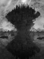 Rule 34 | bad id, bad pixiv id, broken, building, cloud, cloudy sky, commentary request, different reflection, disintegration, grey theme, greyscale, kaitan, monochrome, no humans, original, outdoors, reflection, reflective water, ruins, scenery, signature, sky, swing set, water