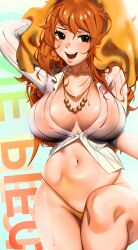 Rule 34 | 1girl, :d, absurdres, bikini, bikini bottom only, blush, breasts, brown hair, character request, check character, highres, jewelry, kevbot, large breasts, lips, long hair, messy hair, nami (one piece), navel, necklace, no bra, one piece, open mouth, orange hair, smile, solo, stomach, swimsuit