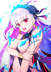 Rule 34 | 1girl, absurdres, bare shoulders, blue fire, blue hair, blush, bracelet, breasts, earrings, fate/grand order, fate (series), fire, flower, hair flower, hair ornament, hair ribbon, highres, jewelry, kama (fate), kama (swimsuit avenger) (fate), kama (swimsuit avenger) (third ascension) (fate), large breasts, long hair, looking at viewer, lotus, multicolored hair, nail polish, navel, open mouth, red eyes, ribbon, silver hair, smile, solo, star (symbol), star earrings, two-tone hair, yuniyuni