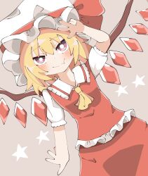 Rule 34 | 1girl, bad id, bad pixiv id, blonde hair, bright pupils, closed mouth, crystal wings, dutch angle, fang, flandre scarlet, grey background, hat, hat ribbon, highres, looking at viewer, mob cap, red eyes, red ribbon, red skirt, red vest, reo (pixiv67670269), ribbon, short sleeves, skirt, smile, solo, star (symbol), touhou, vest, w, white hat, white pupils