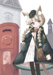 Rule 34 | 1girl, animal ear fluff, animal ears, bag, black coat, black hat, black pantyhose, blue eyes, blush, bow, braid, building, cat ears, cat girl, cat tail, coat, collared shirt, dress, grey hair, hair ornament, hairclip, hand up, hat, highres, holding strap, ichi (ichi.colors), long hair, long sleeves, looking at viewer, open clothes, open coat, original, pantyhose, parted lips, peaked cap, postbox (outgoing mail), puffy long sleeves, puffy sleeves, red bow, shirt, shoulder bag, sleeves past wrists, solo, standing, tail, tower, twin braids, white background, white dress, window