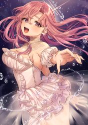 Rule 34 | 1girl, :d, bad id, bad pixiv id, bare shoulders, blush, breasts, choker, cleavage, commentary request, detached sleeves, dress, earrings, eyes visible through hair, fingernails, floating hair, frilled dress, frills, hair between eyes, halo, halter dress, halterneck, highres, jewelry, karokuchitose, large breasts, long fingernails, long hair, looking at viewer, night, night sky, open mouth, original, pink hair, purple eyes, sky, smile, solo, space, sparkle, star (sky), starry sky, water drop, wedding dress, white dress