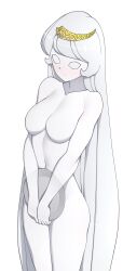 Rule 34 | 1girl, blank eyes, blush, breasts, claire (ginga tetsudou 999), closed mouth, collarbone, completely nude, covering privates, covering crotch, cowboy shot, female focus, ginga tetsudou 999, happy, highres, holding, holding tray, long hair, matching hair/eyes, medium breasts, monster girl, navel, no nipples, nose blush, nude, own hands together, sidelocks, simple background, slime girl, smile, solo, split mouth, standing, stomach, swept bangs, thighs, tiara, transparent, tray, troy7737, v arms, very long hair, white background, white eyes, white hair, white theme, yellow headwear