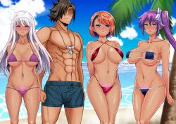 1boy 3girls abs absurdres ameno_sagiri_(yuragisou_no_yuuna-san) bare_shoulders beach bikini blue_eyes blush breasts breasts_apart cleavage cloud collarbone dark-skinned_female dark-skinned_male dark_skin day fuyuzora_kogarashi ghost ghost_girl green_eyes groin hair_ornament hairband harem highres jewelry large_breasts long_hair looking_at_viewer miyazaki_chisaki multiple_girls navel necklace ocean orange_hair palm_tree pants ps_waller pubic_tattoo purple_hair red_eyes shiny_skin short_hair side_ponytail sky standing stomach swimsuit tan tattoo tree white_hair yunohana_yuuna yuragisou_no_yuuna-san