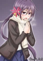 Rule 34 | 10s, 1girl, akebono (kancolle), anti (untea9), bell, breath, coat, commentary request, flower, hair bell, hair flower, hair ornament, highres, kantai collection, long hair, looking at viewer, open mouth, own hands together, purple eyes, purple hair, scarf, school uniform, serafuku, side ponytail, solo, sweatdrop, twitter username, very long hair